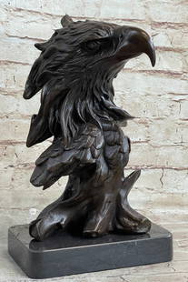 Signed Original Milo American Eagle on a Tree Branch Bronze Marble Sculpture Art: The bust of the eagle head captures the essence of the majestic bird of prey. The eagle's very large hooked beak (coated in a gold patina) is used for tearing flesh from their unfortunate prey. The ex