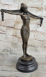 Demetrius Chiparus Romanin Bronze On Marble Dancer RARE Sculpture Art Nouveau: The belly dancer takes the floor and strikes her opening pose. Shewraps a scarf around her head and holds the long ends out to her side.She tilts her head to the side and shuts her eyes, waiting for