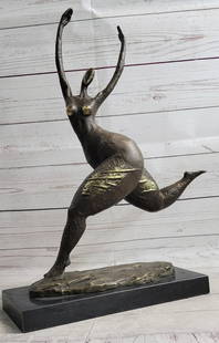 All Bronze Original Nude Fertility Goddess Modern Art Abstract Sculpture Figure: An abstract female dancer sculpture. You can just tell this is a powerful dancer in the sharpness of her position. This wonderfully curvaceous woman bears the wide hips commonly attributed to feminini