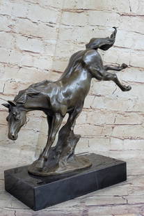 Large Original Rearing Horse Bronze Sculpture Modern Art Marble Base Figurine: This abstract and modern horse gallops into the wind and rears up letting out a wild neigh as the wind seems pushing against him with a mighty force. This abstract horse captures emotions from the