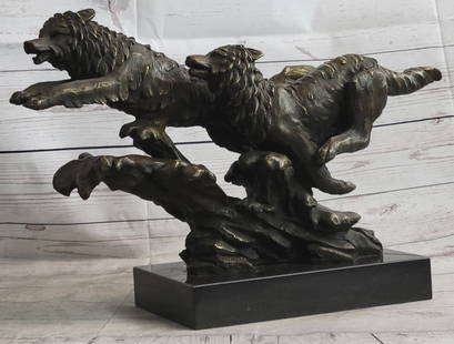 Signed Original M. Lopez Pack Wolf Wolves Running Bronze Sculpture Marble Statue: Wolves…just the word sends chills into the heart of man… either of deep hatred or great reverence. Whether loved or hated, there is no denying this creature is a highly social animal; totally