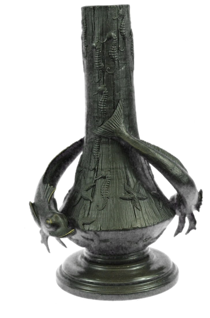 Art Deco Signed Original Nautical Ocean Shark Vase Bronze Sculpture Statue Gift (1 of 9)