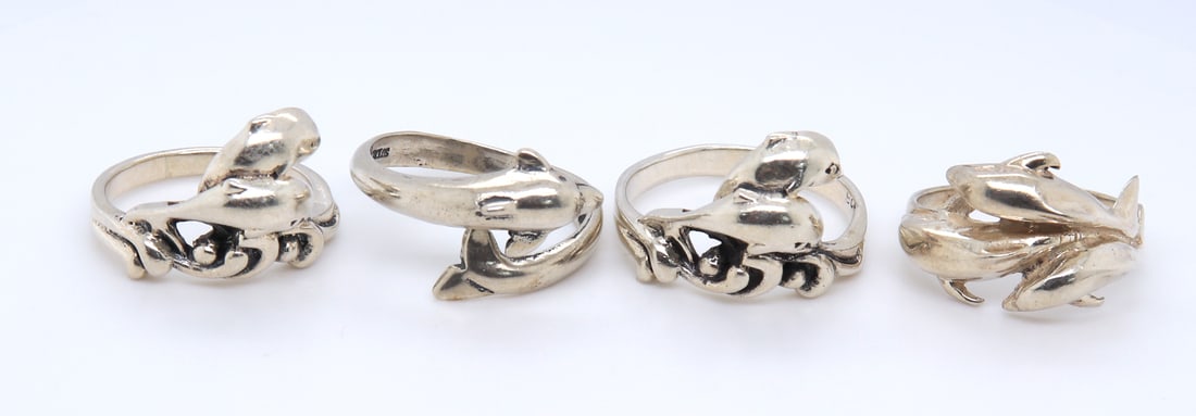 Group Lot of 4 Vintage 925 Sterling Silver Dolphin Rings (1 of 5)
