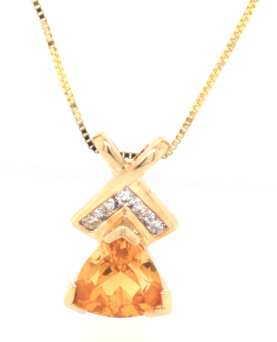 14kt Yellow gold Trillion Citrine and Diamond accent X pendant on Italian box chain necklace (1 of 6)