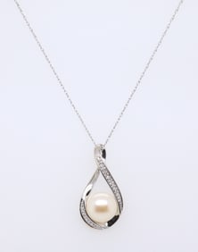 Charming White Gold Button Pearl and Diamond Pendant on Chain
