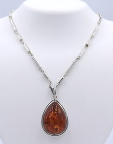 925 Sterling Silver Amber Pendant on Chain Necklace