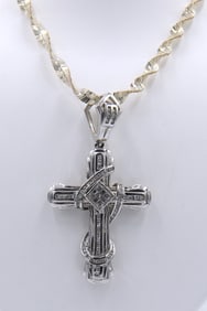 925 Sterling Silver Huge Cubic Zirconia Cross Pendant on Heavy Italian Rope Chain Necklace