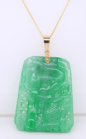 Gorgeous Yellow Gold Large Carved Green Jade Pendant on Chain