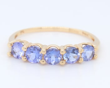 5 Stone Round Brilliant Cut Tanzanite Yellow Gold Band
