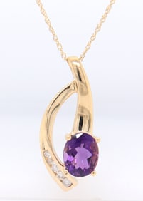 Gorgeous Yellow Gold oval Amethyst and Diamond Pendant on Chain Necklace