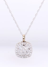 10kt White gold cluster diamond halo pendant on chain necklace