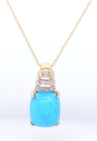 10kt Yellow gold Square Turquoise and diamond accent pendant on chain