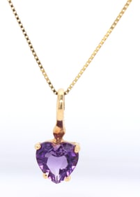 14kt Yellow gold heart shaped amethyst pendant on box chain necklace