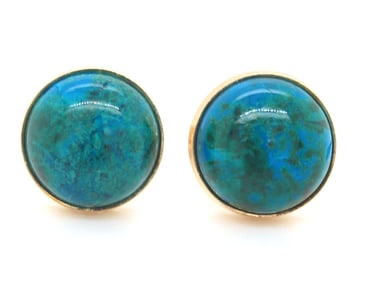 14kt Yellow gold round Chrysocolla stone stud earrings