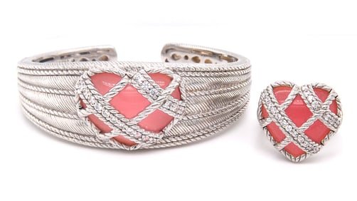 Judith Ripka Caged pink red heart shaped cuff bangle and matching ring