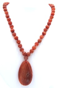 Red Agate oval pendant on red agate beads necklace