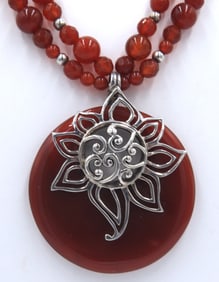 925 Sterling silver red Agate circle pendant on 2 row beads necklace