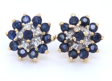 10kt Yellow gold blue sapphire and diamond flower cluster earrings