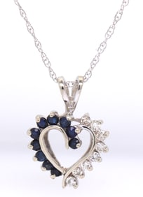 14kt White gold Diamond and Sapphire open heart pendant on chain necklace