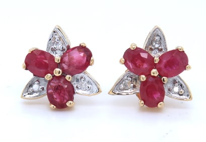 10kt Yellow gold oval ruby and diamond accent flower earrings