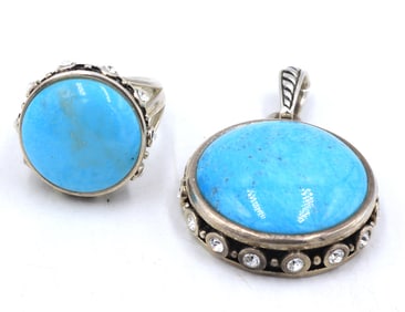Set of 925 sterling silver turquoise ring and pendant