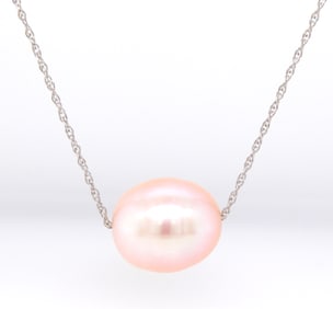 14kt White gold 10mm Pink pearl Floating pendant on chain