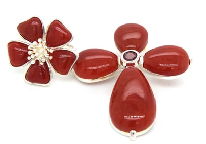 925 Sterling silver Carnelian cross pendant and carnelian flower ring