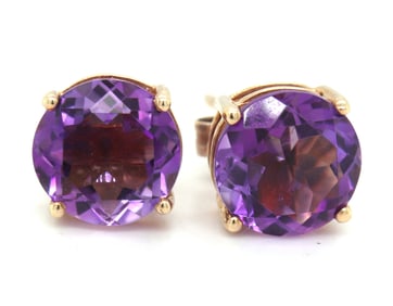 14kt Yellow gold 4ctw round brilliant cut amethyst stud earrings