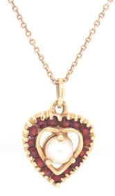 14kt Yellow gold heart shaped garnet and pearl pendant on chain