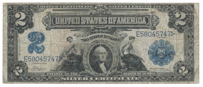 1899 $2 US Paper Money Two Dollar Silver Certificate Banknote