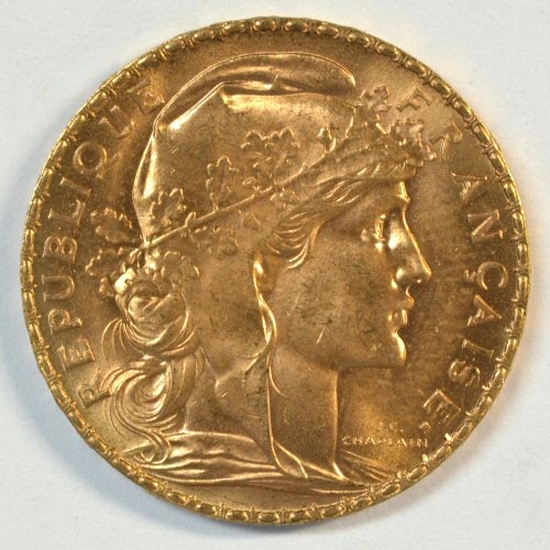 1910 France 20 Francs Gold Rooster coin: 1910 Superb Gem BU 20 French Rooster gold coin.