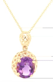 14kt Yellow gold oval amethyst basket wave pendant on chain