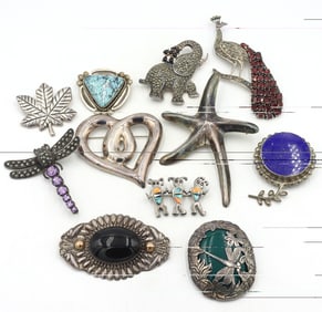 Big group lot of Vintage 925 sterling silver gemstone brooches