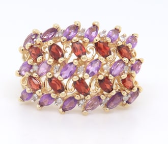 Fabulous Yellow Gold Marquise Garnet and Amethyst 4 Row Ring