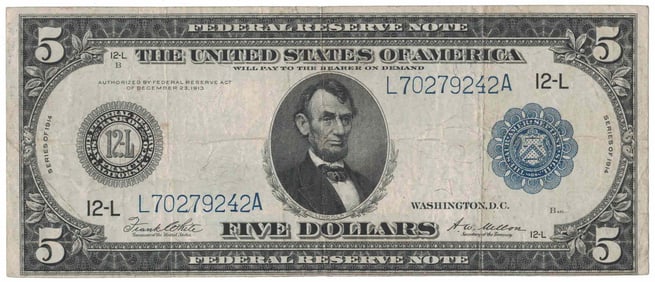 1914 $5 Five Dollar Blue Seal Lincoln Bank Note US Bill