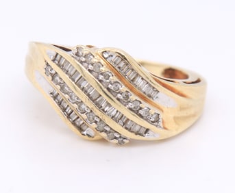 Fabulous Yellow Gold Round Brilliant Cut and Baguette Diamond Bypass Ring