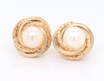 Handsome Yellow Gold Twisted Infinity Pearl Earrings