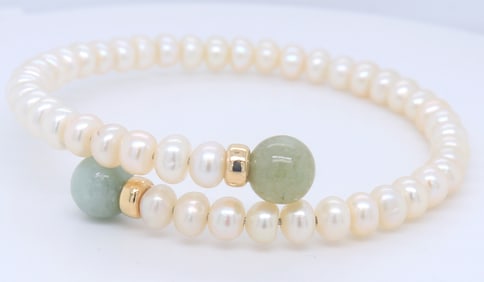 White Fresh Water Pearl and Jade Bypass Bracelet