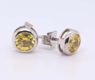 Stunning White Gold Bezel Yellow Cubic Ziconia Stud Earrings