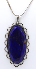 Vintage 925 sterling silver Lapis pendant on Italian Herringbone chain necklace