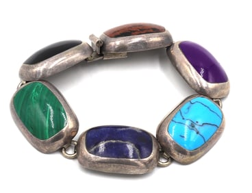 Vintage 925 sterling silver Mexico multi color stone bracelet