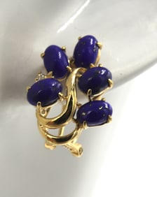14kt Yellow gold oval lapis and diamond accent cluster earrings