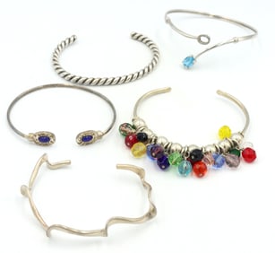 Group lot of 5 Vintage 925 sterling silver cuff bangles