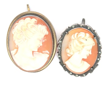 Lot of 2 925 sterling silver Cameo pins pendants