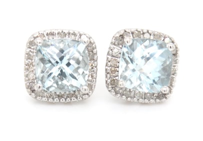 10kt White gold Cushion Aquamarine and diamond halo stud earrings