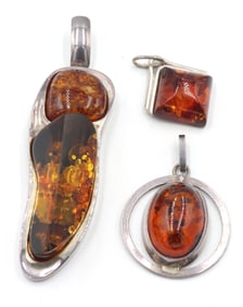 Group lot of 3 Vintage 925 sterling silver Amber pendants