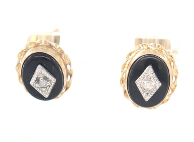 14kt Yellow gold oval black onyx diamond accent frame earrings