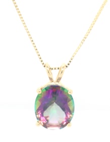14kt Yellow gold oval Mystic topaz pendant on chain