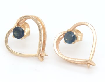 14kt Yellow gold heart shaped blue sapphire stud earrings
