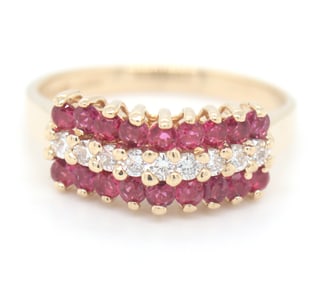14kt Yellow gold ruby and diamond 3 row dome ring